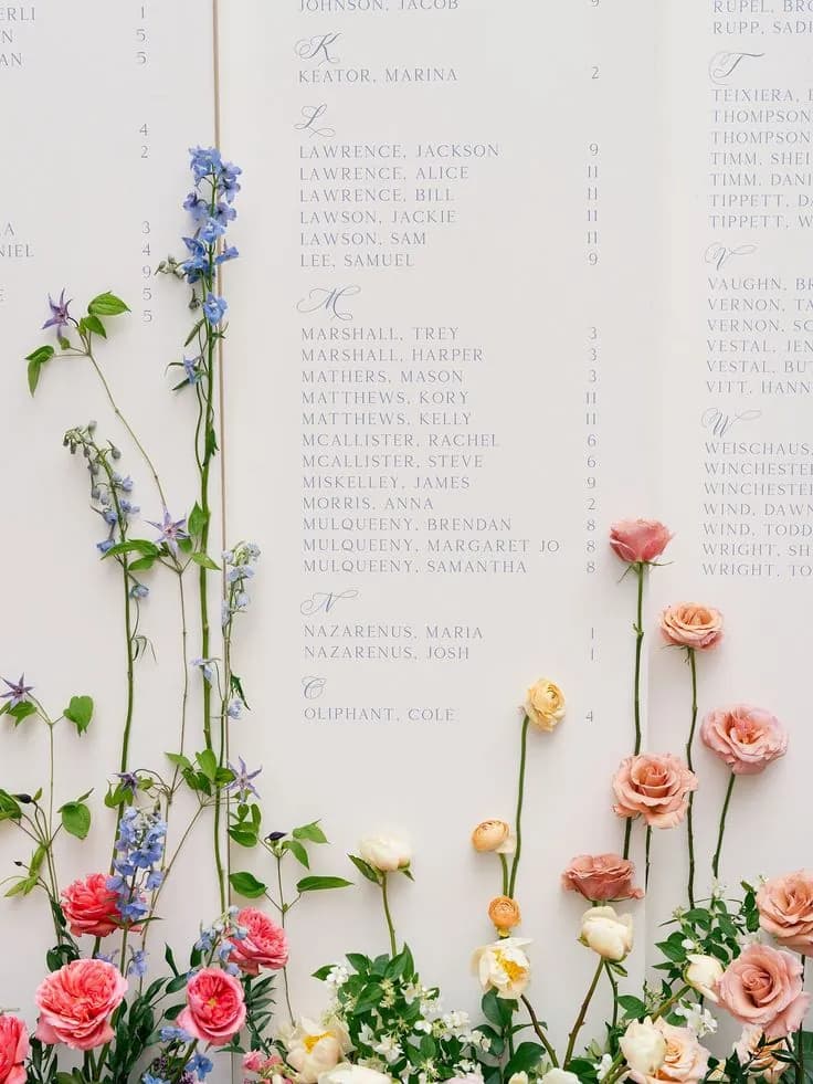 Floral-immersion seating chart: a pale calligraphy board enveloped by a living meadow of delphiniums, roses and ranunculus