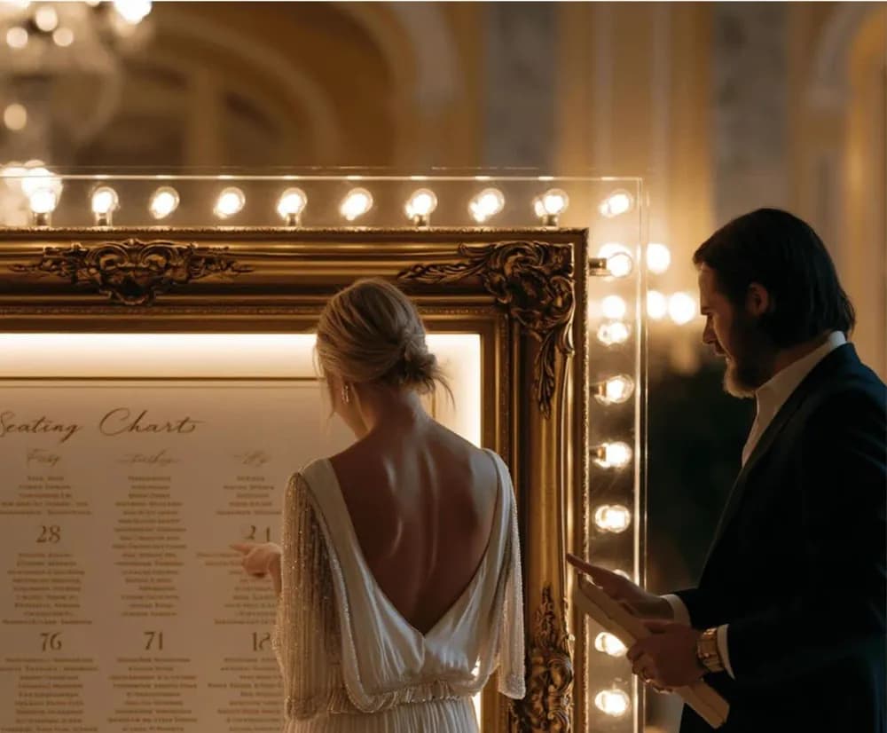 A couple reading a backlit 'Seating Chart' set in an ornate gold marquee-bulb frame at a black-tie wedding