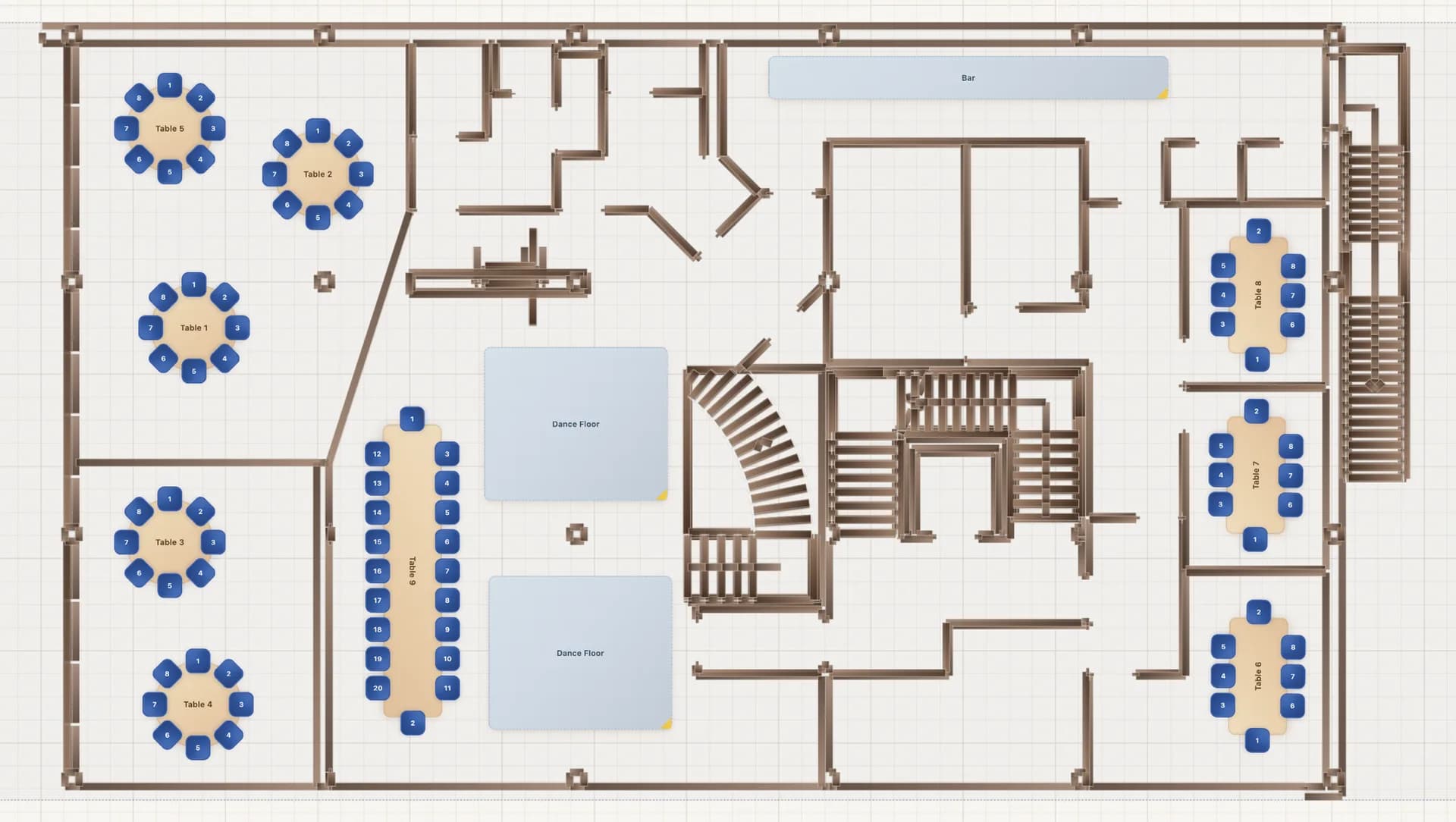 Precision template built from an imported CAD floor plan with seated tables overlaid on the venue blueprint