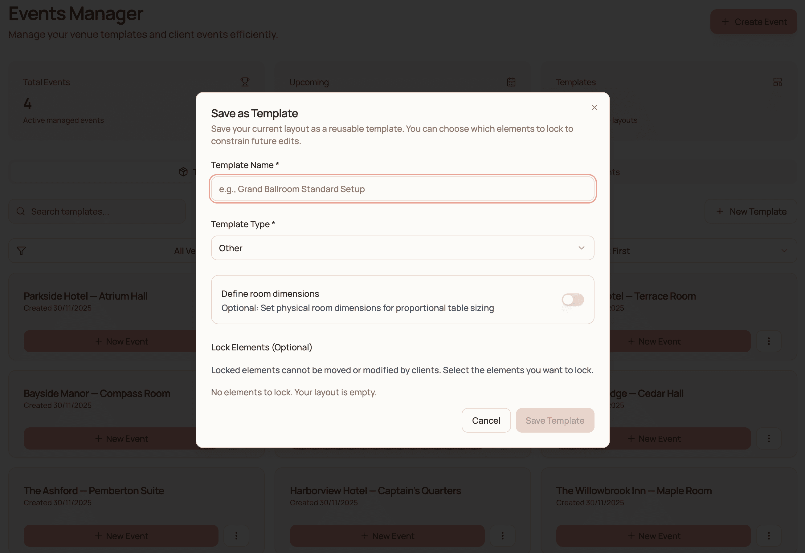 Template creation interface in SeatPlan.io