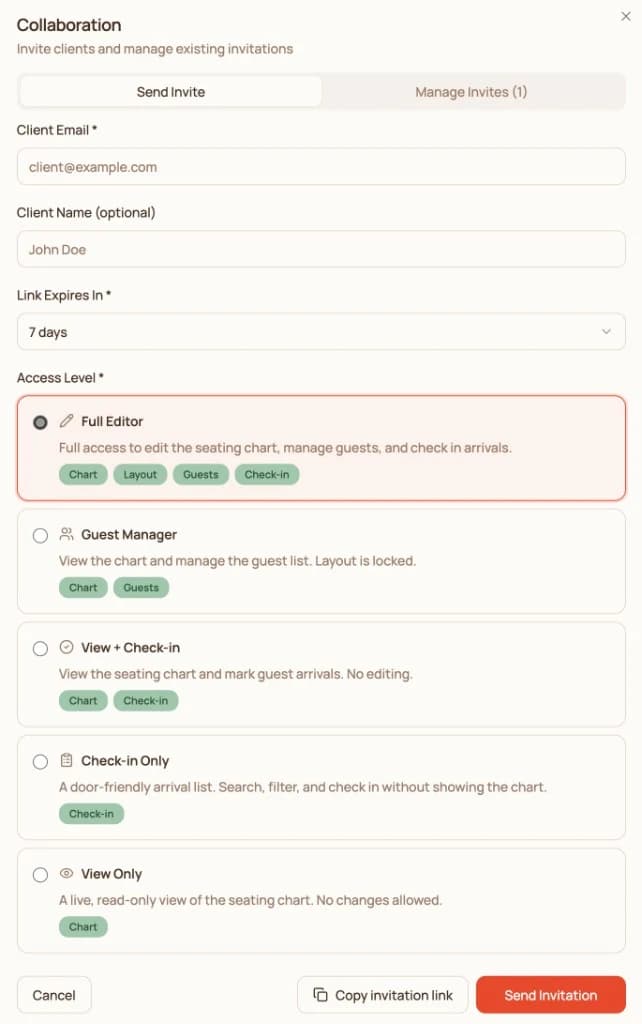 Collaboration invite modal with granular access